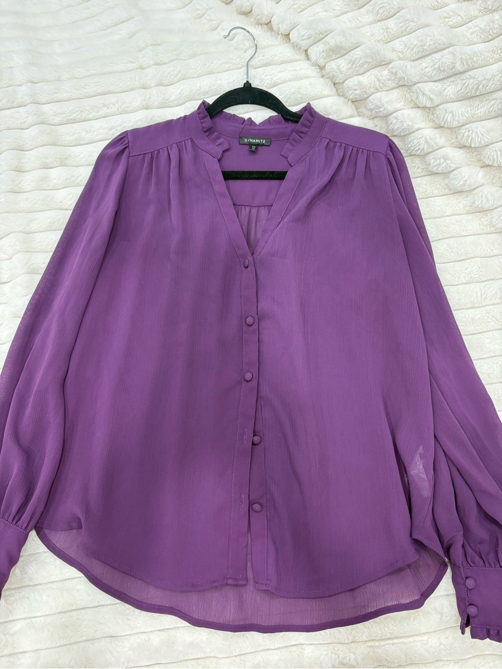 Dynamite Violet Ruffle-Neck Button Front Blouse